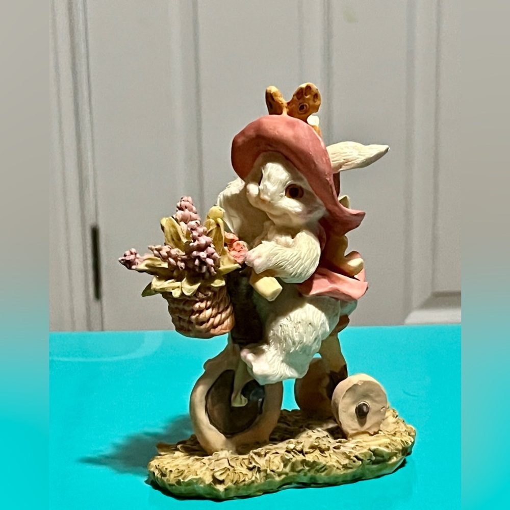 Whimsical Bunny Figurine with Basket - Pink and Cream